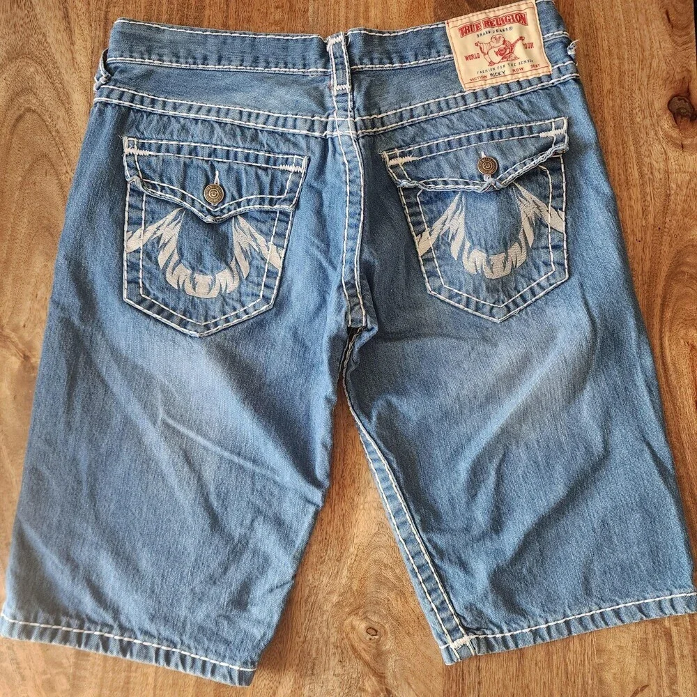 True Religion Shorts Mens 38 Blue Denim Ricky Bermuda Distressed Embroidered USA